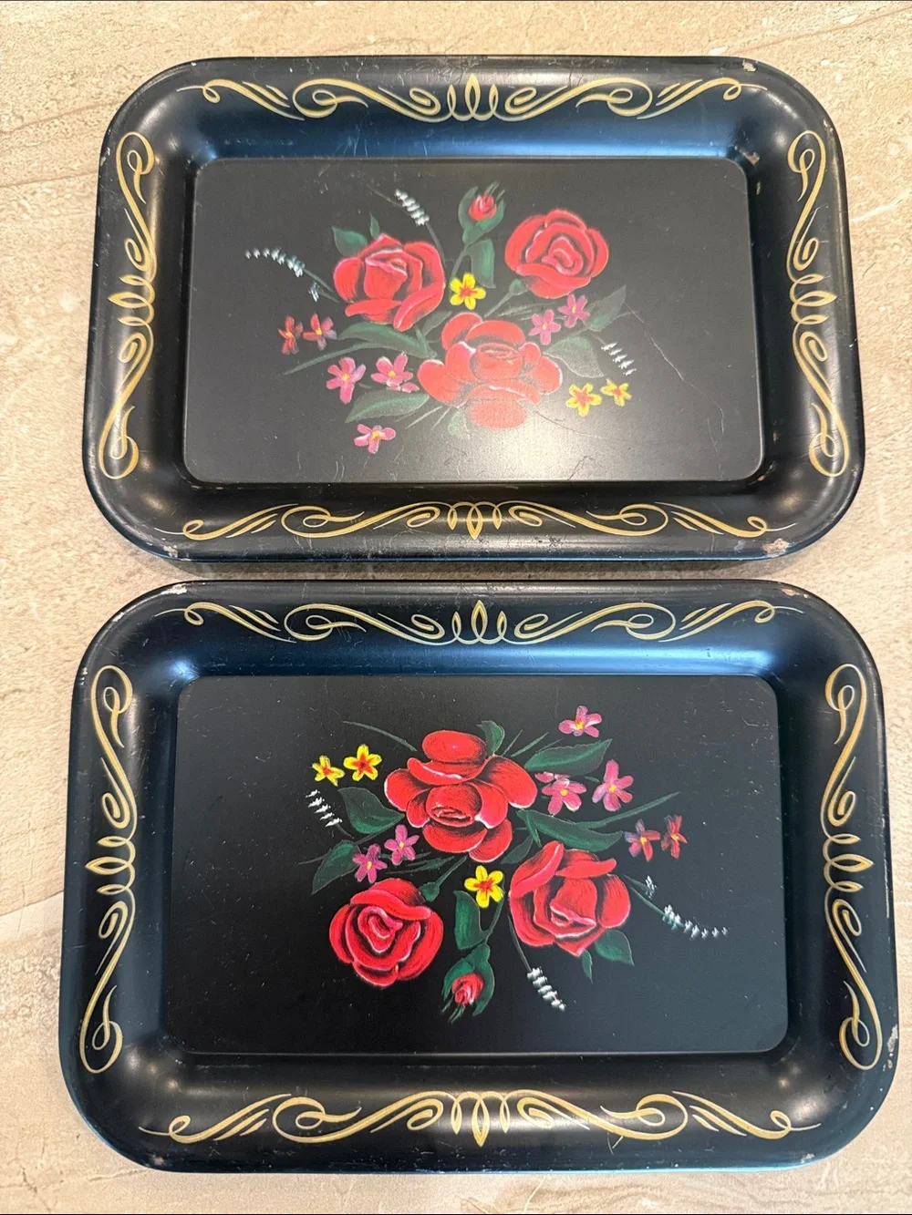 Small Vintage Black Floral Metal Serving Trays - Set of 4